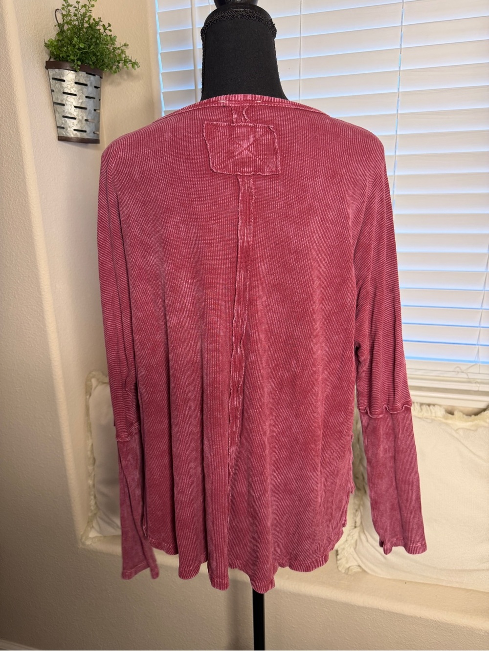 Easel Washed Ribbed Long Sleeve Oversized Boho Tunic Top - Raspberry Rose - Picture 6 of 7
